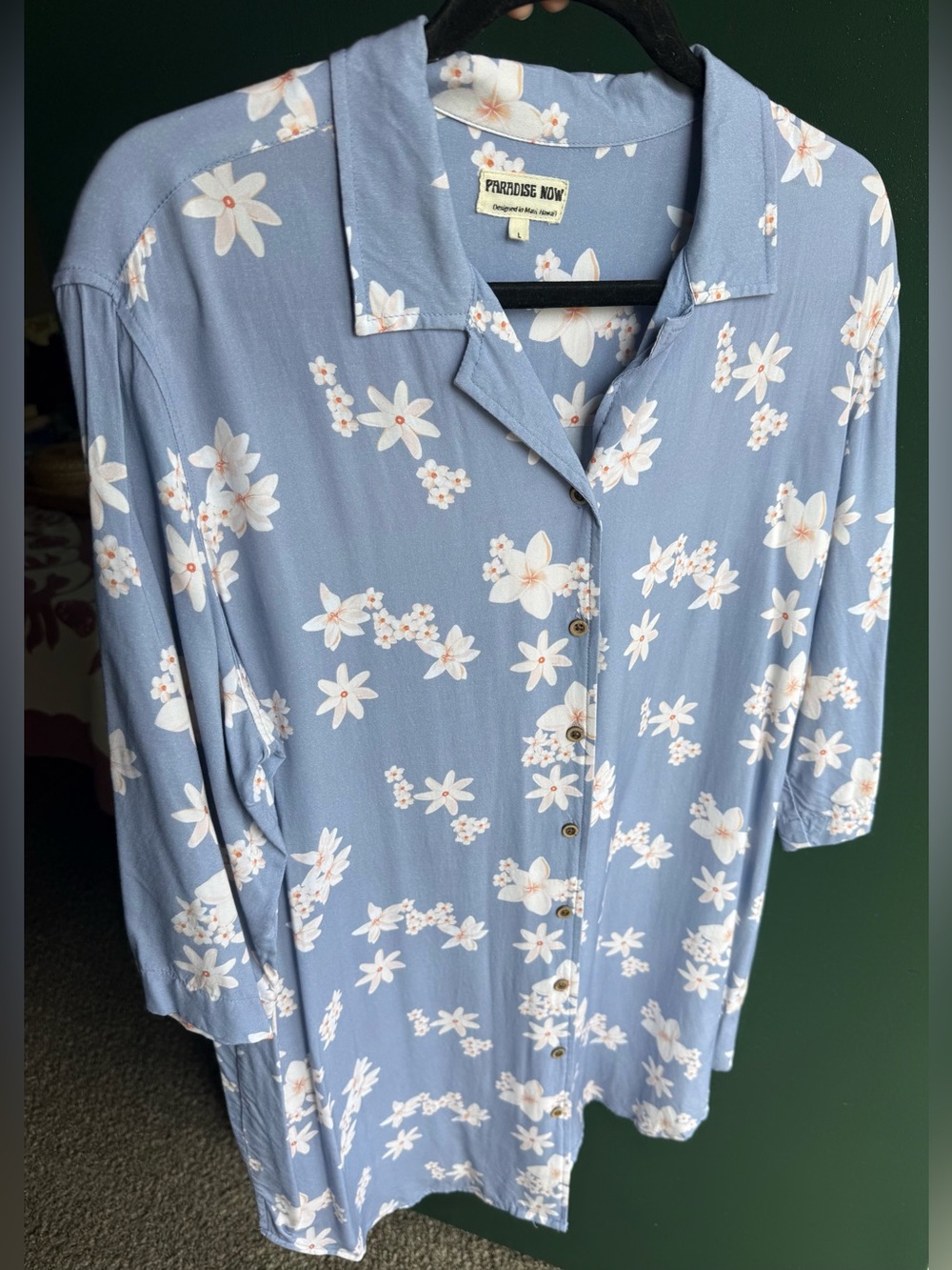 Paradise Now Plumeria Aloha Shirt Dress Large Collar Rayon Cuffed Sleeve Hawaii